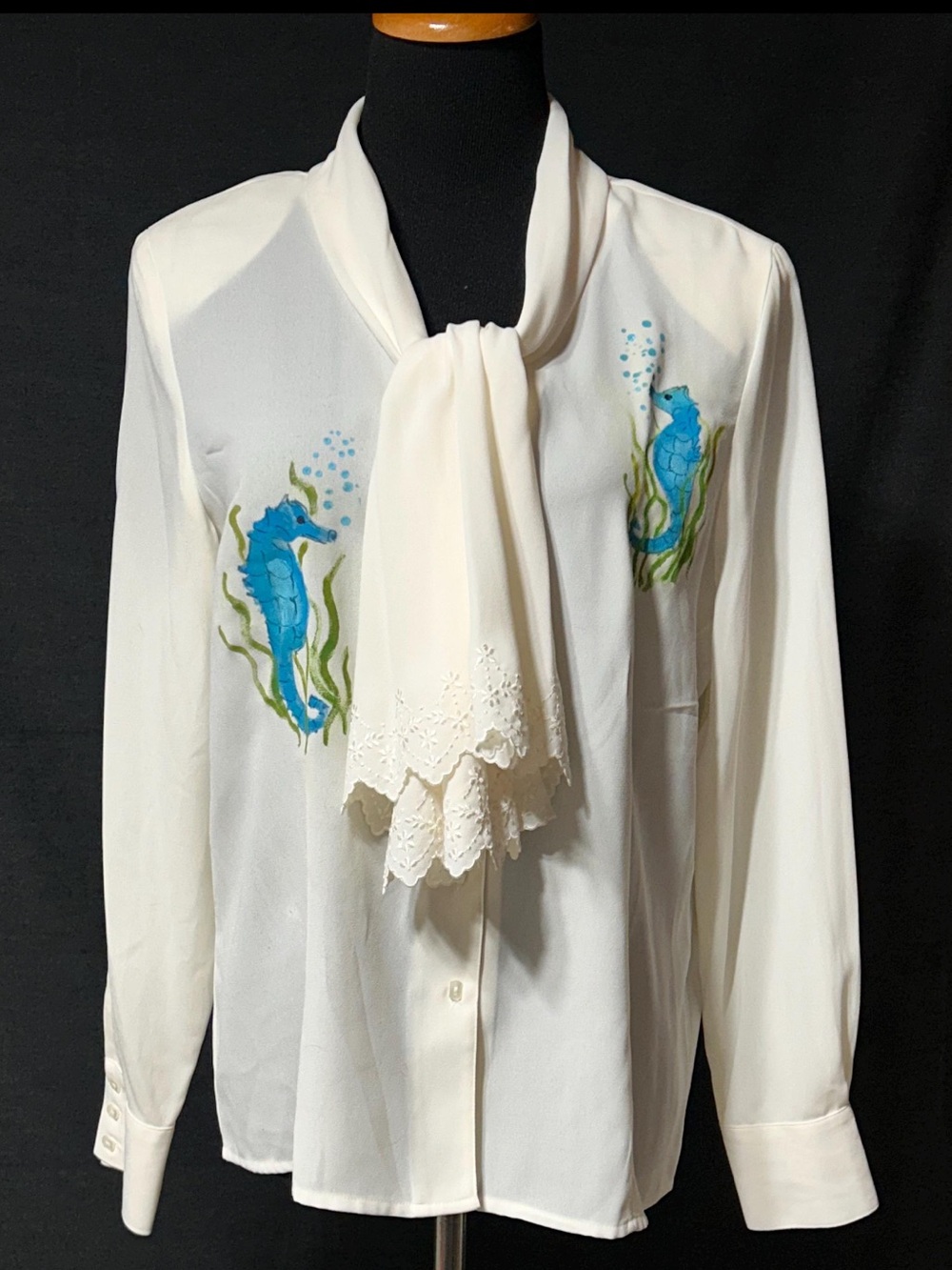 Horsin’ Around // Vintage Hand-Painted Blouse Seahorses Secretary OOAK Size 14
